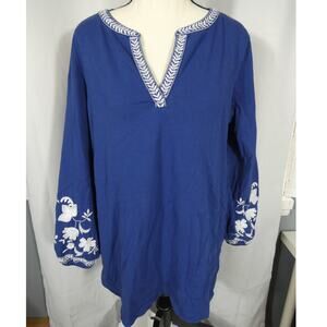 Lily Pulitzer Large Blue Tunic Embroidered Sleeves V-Neck Business Festival